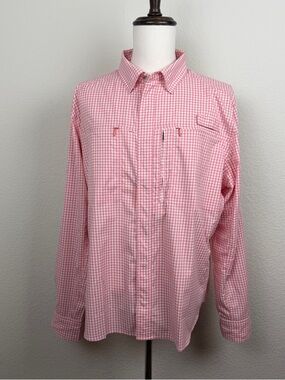 Coolibar sun protection men’s long sleeve button down in pink check | XL